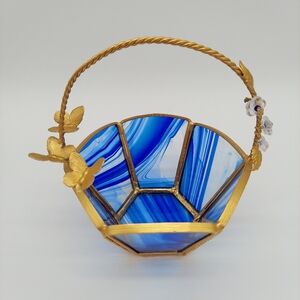 Blue Swirl Glass & Butterflies Gold Basket